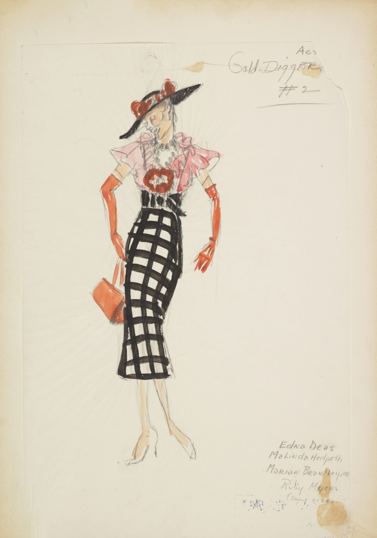 Swing It: Gold Diggers. Black & white skirt, pink blouse, orange gloves, and black hat by Maxine Borowsky