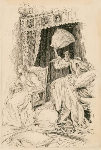 Taming of the Shrew, throwing the pillows & bedclothes about the room, so that she was forced to sit down in a chair by Louis Rhead