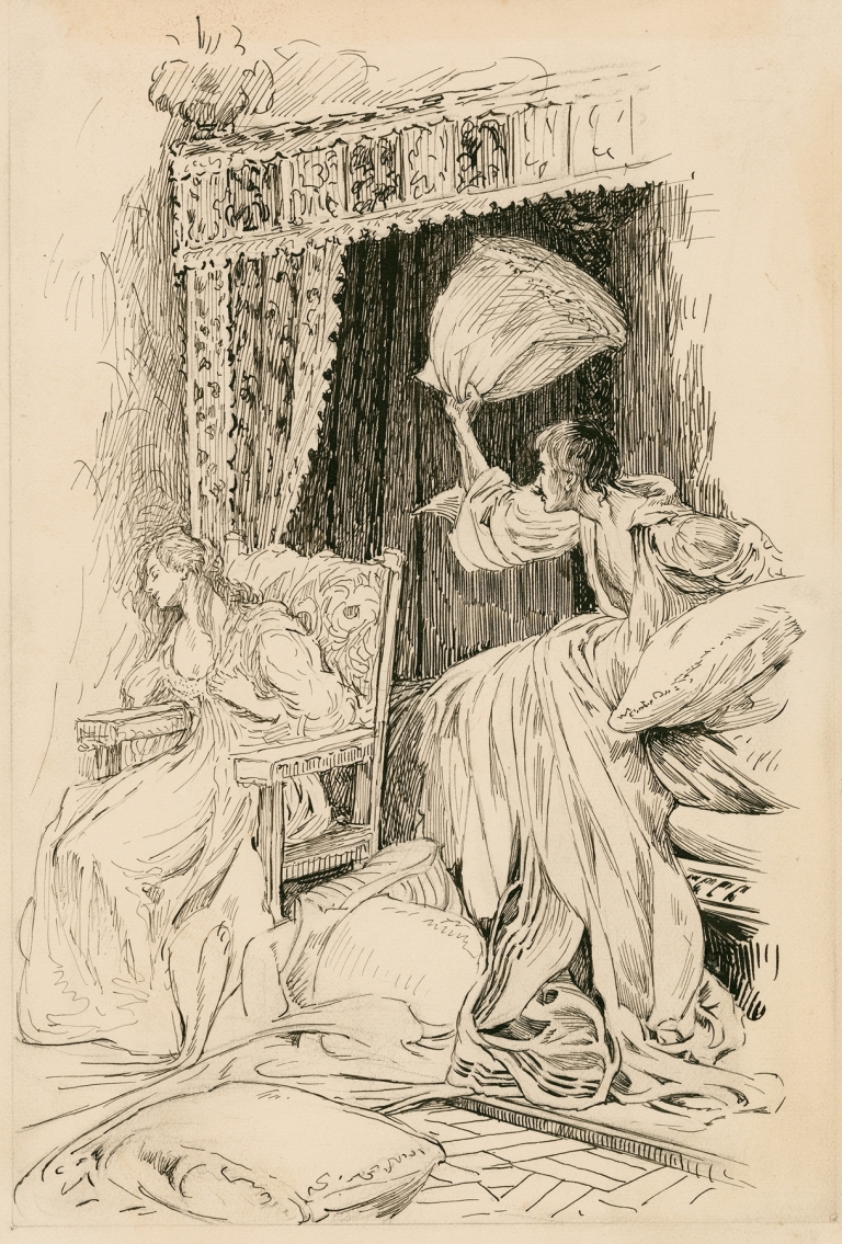 Taming of the Shrew, throwing the pillows & bedclothes about the room, so that she was forced to sit down in a chair by Louis Rhead