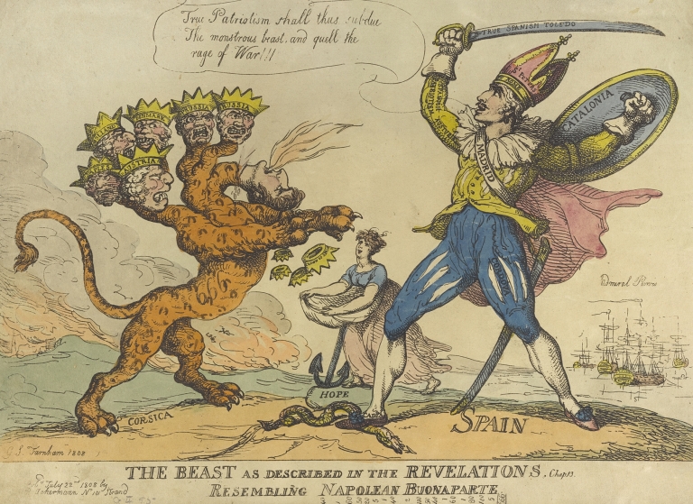 The beast as described in the Revelations, chap 13. Resembling Napoleon Buonaparte by Thomas Rowlandson