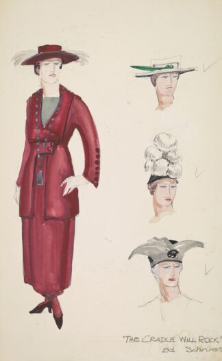 The Cradle Will Rock: Red women’s suit with matching hat and three alternate hats by Edwin Schruers