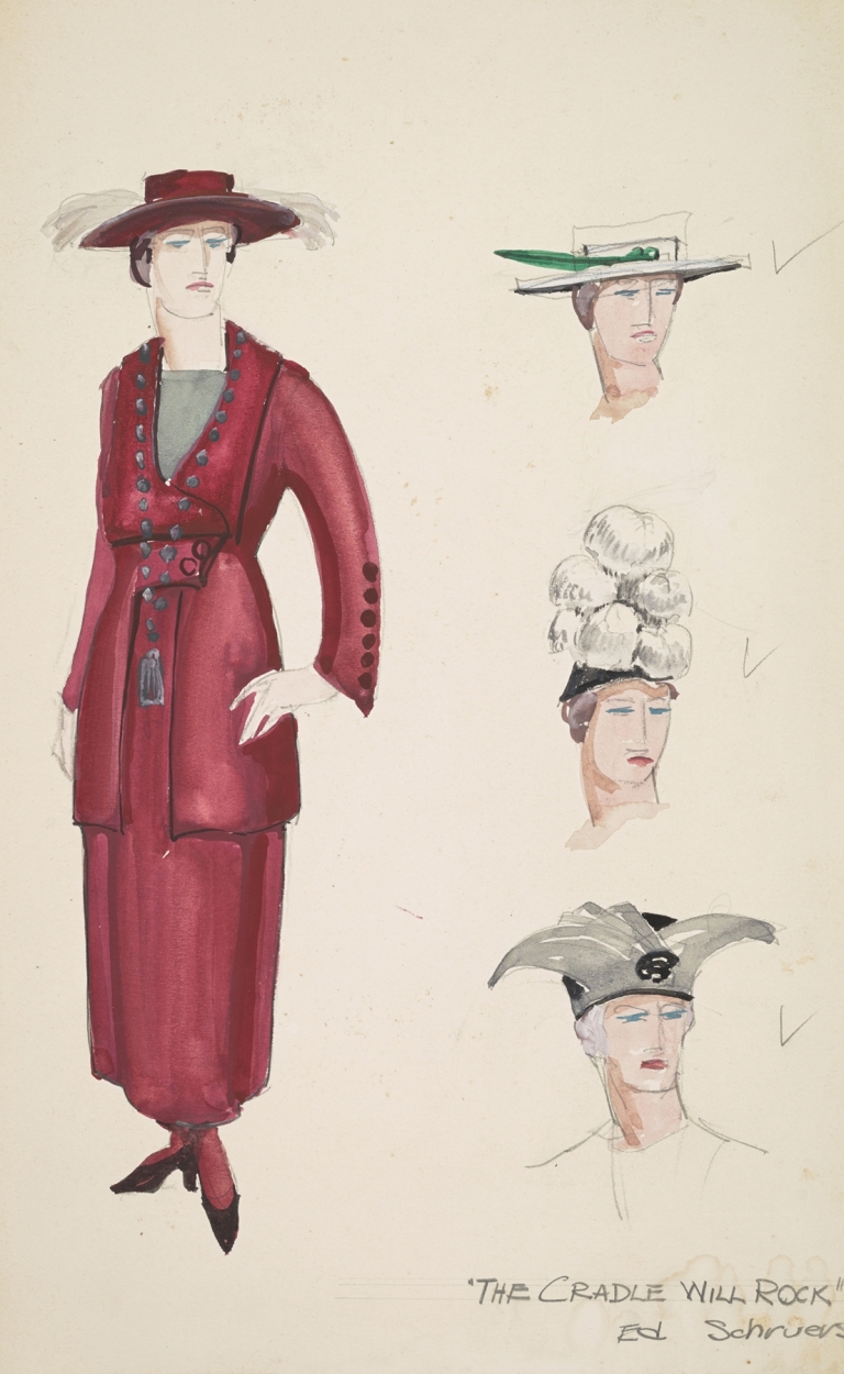 The Cradle Will Rock: Red women’s suit with matching hat and three alternate hats by Edwin Schruers