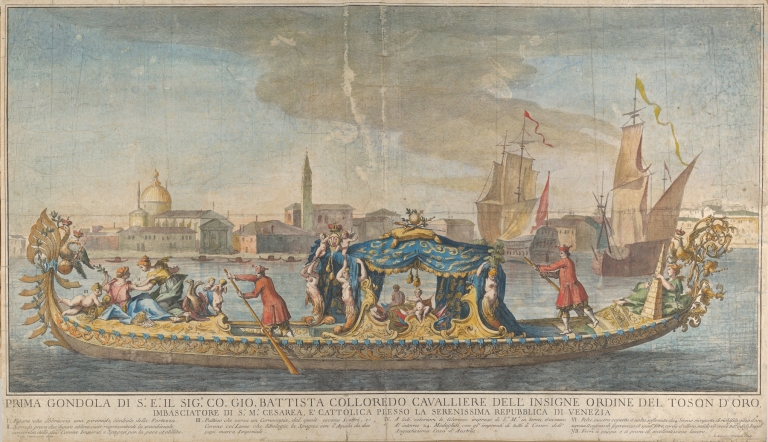 The highly ornamented first gondola of Ambassador Giovanni Battista Colloreado entering Venice by Giovanni Antonio Faldoni