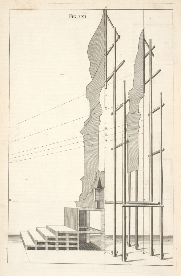 The manner of erecting machines, that consist of several ranges of frames. by Andrea Pozzo