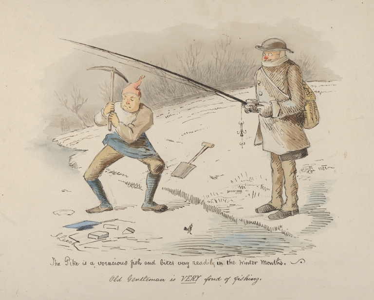 The Pike is a voracious fish and bites readily in the Winter months–Old Gentleman is VERY fond of fishing by John Leech