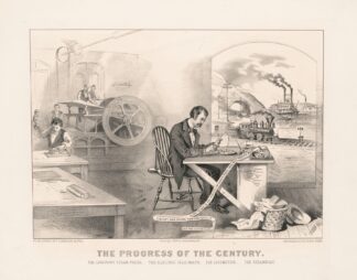 The progress of the century – the lightning steam press, the electric telegraph, the locomotive, [and] the steamboat by Currier & Ives.