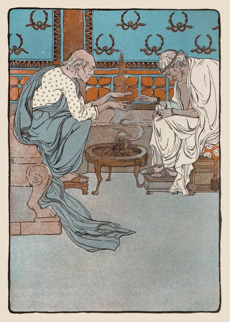 The two old men’s hands shook together as they tried to warm themselves before the fire by Maud Hunt Squire