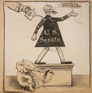 The U.S. Senate is represented as a mechanical toy which says ‘There are no bad Trusts’ whenever played by William Henry Walker