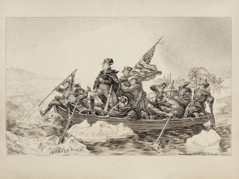 Theodore Roosevelt and his supporters depicted as Washington crossing the Potomac by William Henry Walker