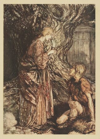 ‘This healing and honeyed draught of mead,deign to accept from me. Set it first to thy lips’ by Arthur Rackham