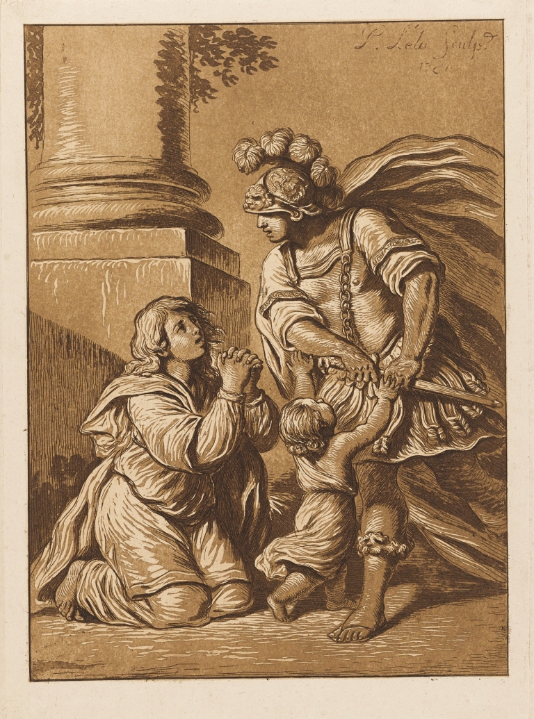 Threatening soldier with pleading wife and child by Pierre Lelu