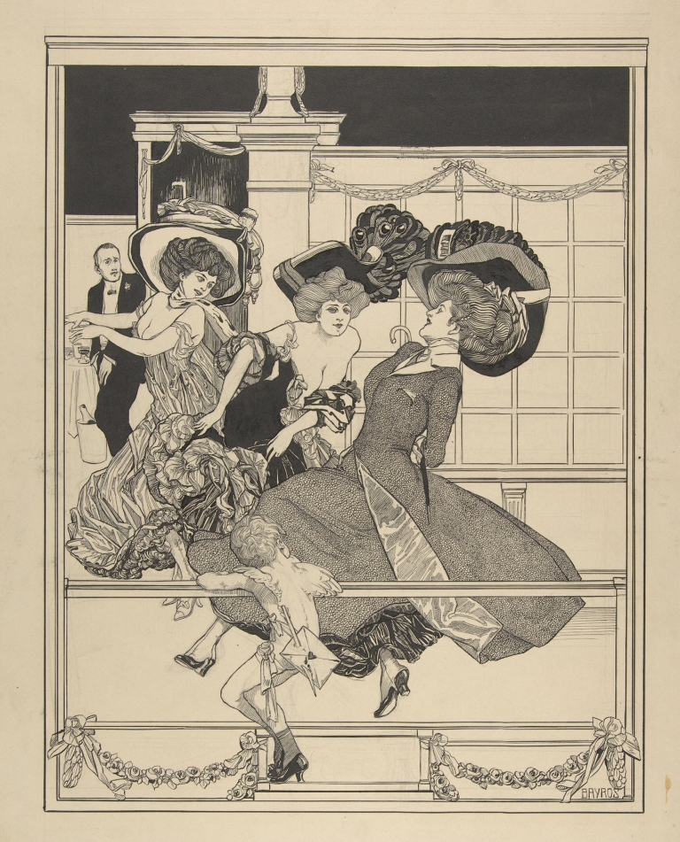 Three Dancing Women in a Restaurant Watched by Cupid by Franz von Bayros