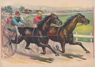 Three horses with jockeys running a harness race by Calvert Litho. Co
