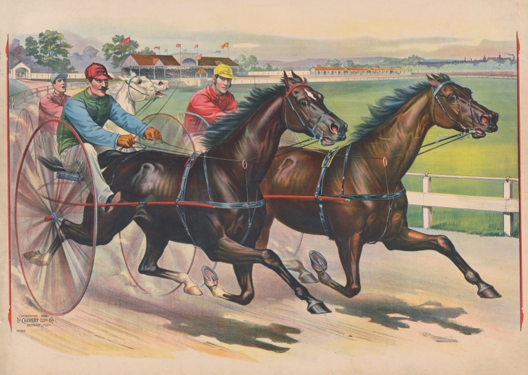 Three horses with jockeys running a harness race by Calvert Litho. Co