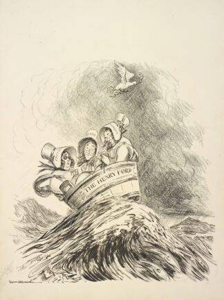Three men dressed as women with bonnets reading Faith, Hope, and Charity ride on a stormy sea in a washtub labeled ‘The Henry Ford’ by William Henry Walker