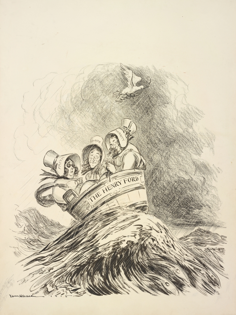 Three men dressed as women with bonnets reading Faith, Hope, and Charity ride on a stormy sea in a washtub labeled ‘The Henry Ford’ by William Henry Walker