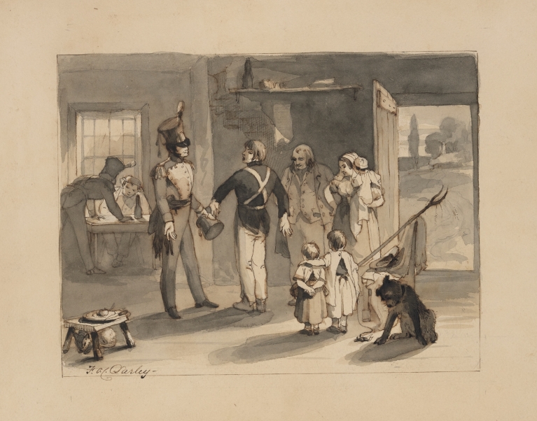Three soldiers with a family and dog by Felix Octavius Carr Darley