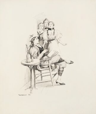 Three women in dresses look shocked at another woman who is reading, wearing a suit, smoking and drinking. by William Henry Walker