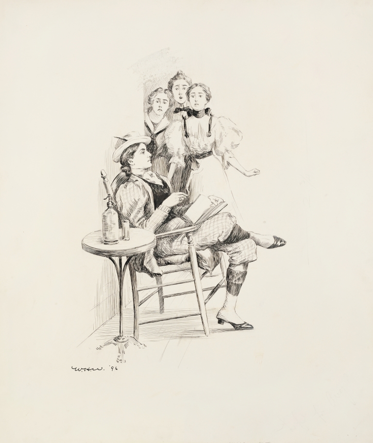 Three women in dresses look shocked at another woman who is reading, wearing a suit, smoking and drinking. by William Henry Walker