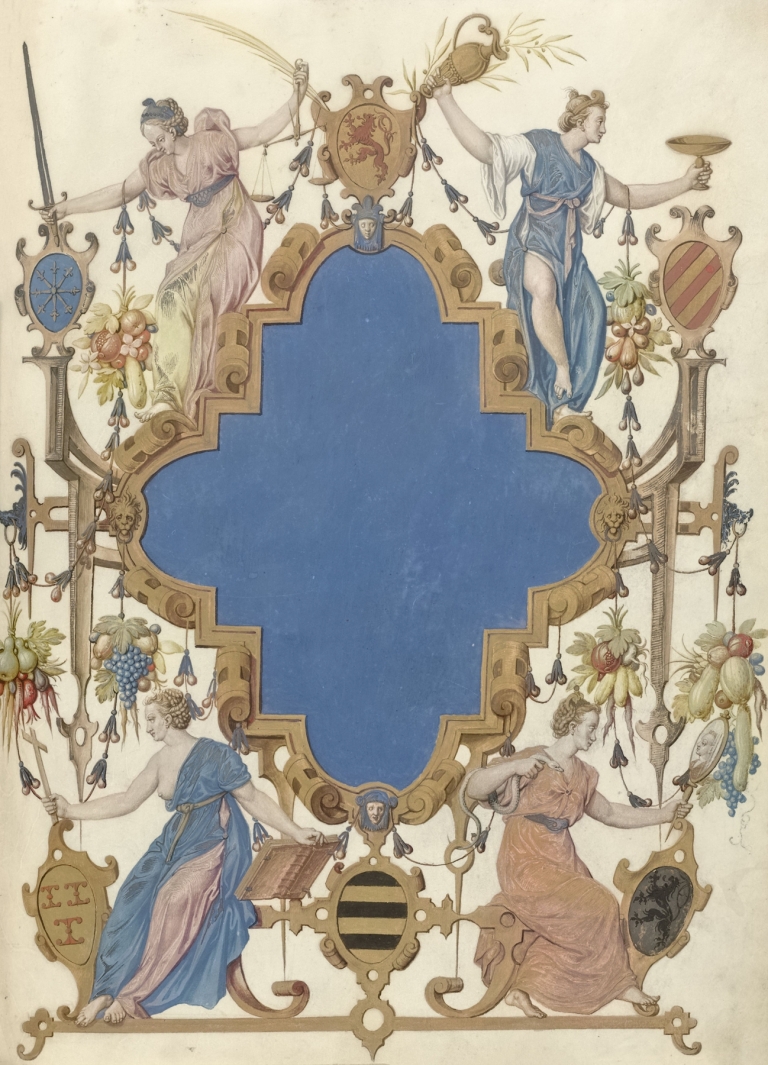 Titelblad met cartouche omgeven door vier allegorische vrouwenfiguren by Nicolaes de Kemp