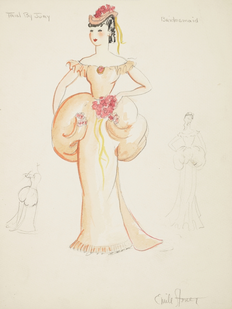Trial by Jury: Bridesmaid. Orange dress with puffed waist. Orange cap with red flowers by Emile Stoner