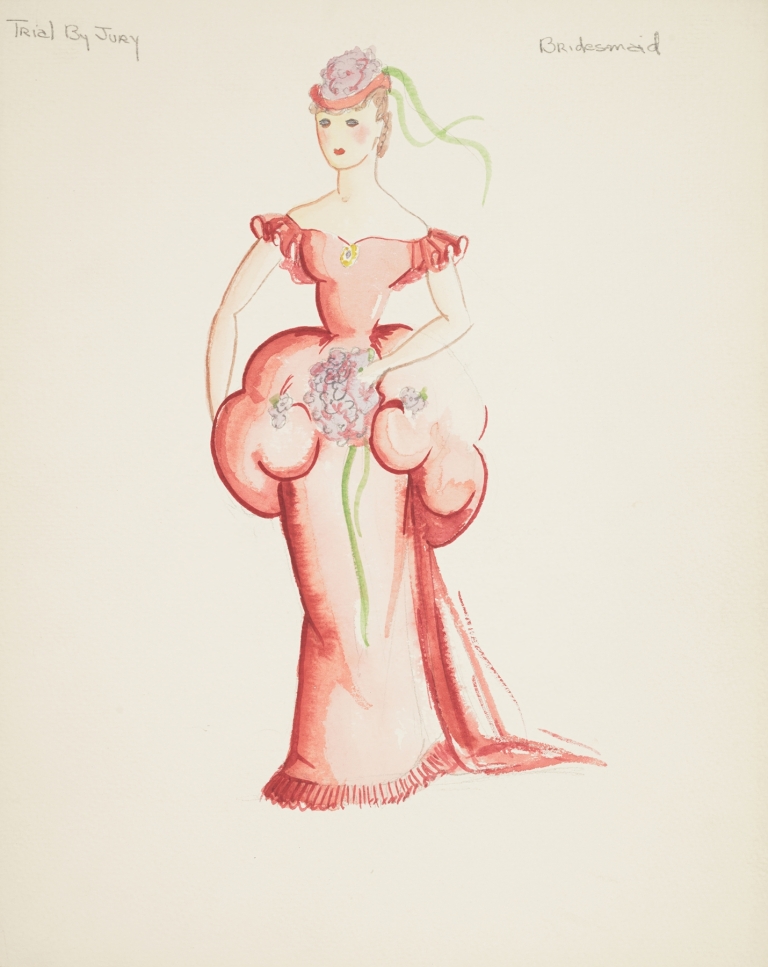 Trial by Jury: Bridesmaid. Pink gown with puffed waist. Pink cap with purple flowers by Emile Stoner