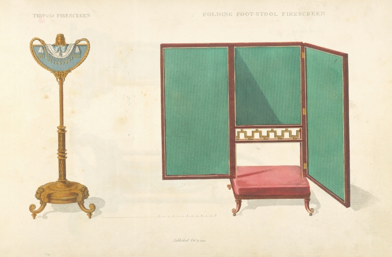 Tripod firescreen. Folding foot-stool firescreen. by Thomas Sheraton