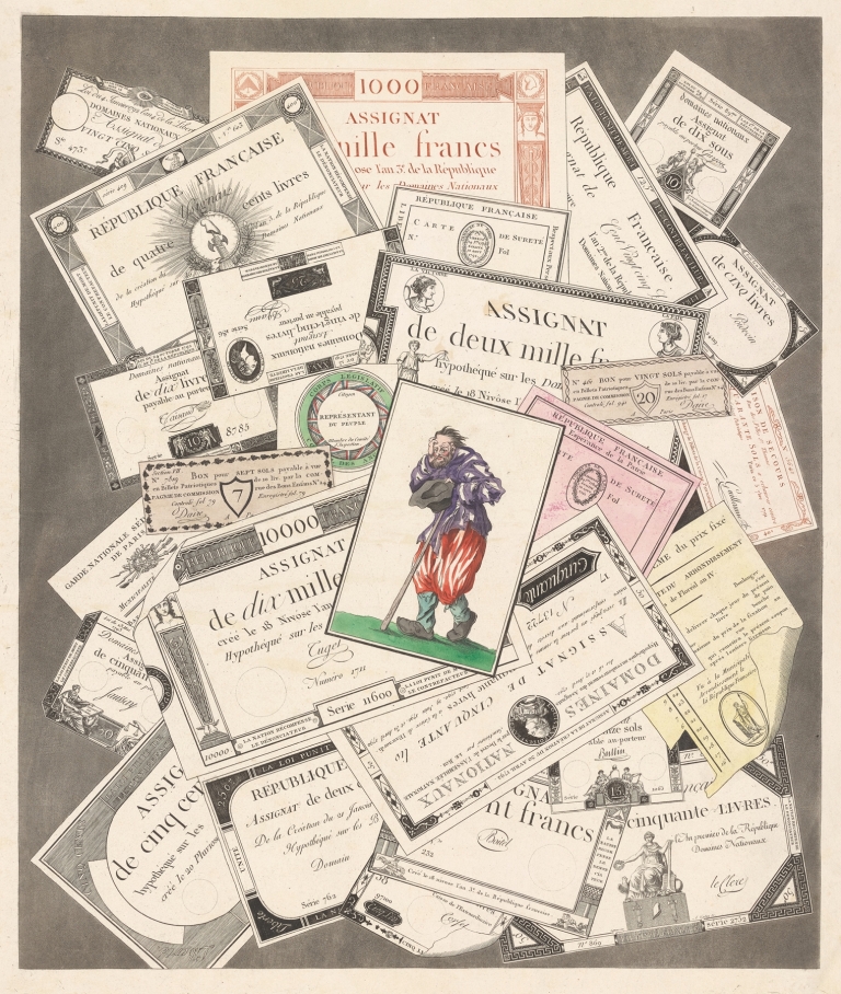 Trompe l’oeil of assignats with beggar after Callot by Nicolas-Marie Gatteaux