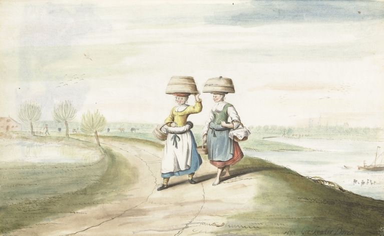Twee boerenvrouwen lopend in een landschap by Gesina ter Borch