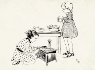Twee meisjes spelend met een speelgoedfornuis by Miep de Feijter