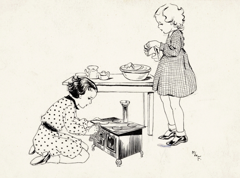 Twee meisjes spelend met een speelgoedfornuis by Miep de Feijter