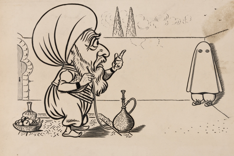 Twelve comic strip frames of Arabic woman running away with young man after argument with her father Pl.10 by Franklin Morris Howarth