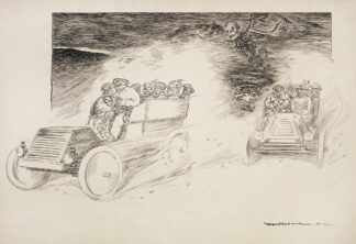 Two cars full of people drive down a road, oblivious of the dead bodies in the road behind them and the skeleton by William Henry Walker