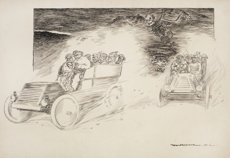Two cars full of people drive down a road, oblivious of the dead bodies in the road behind them and the skeleton by William Henry Walker