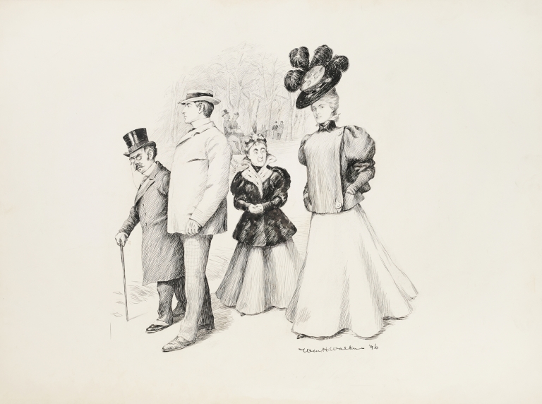 Two couples, one older and one younger, walk together through a park. by William Henry Walker