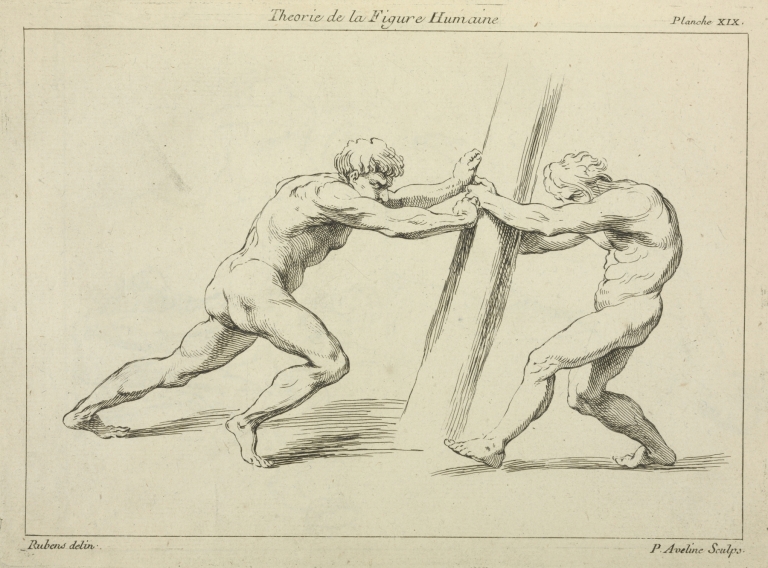 Two figures straining against a post by Peter Paul Rubens