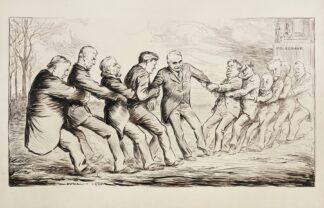 Two groups of men in suits play tug of war in front of the U.S. Senate building by William Henry Walker