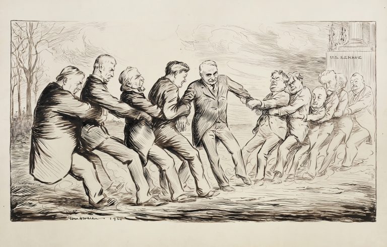 Two groups of men in suits play tug of war in front of the U.S. Senate building by William Henry Walker