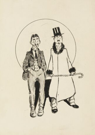 Two men, one in a three piece suit with striped pants, the other with a coat that has fur on the cuffs and collar, a top hat, and cane. by Harold Imbrie