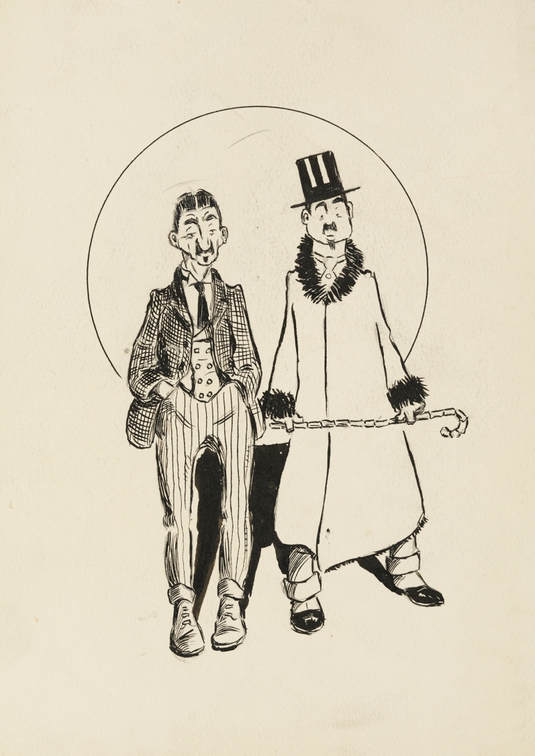 Two men, one in a three piece suit with striped pants, the other with a coat that has fur on the cuffs and collar, a top hat, and cane. by Harold Imbrie