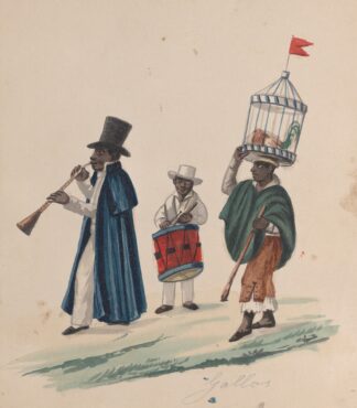 Two musicians and a man carrying on his head a rooster in cage by Francisco Fierro