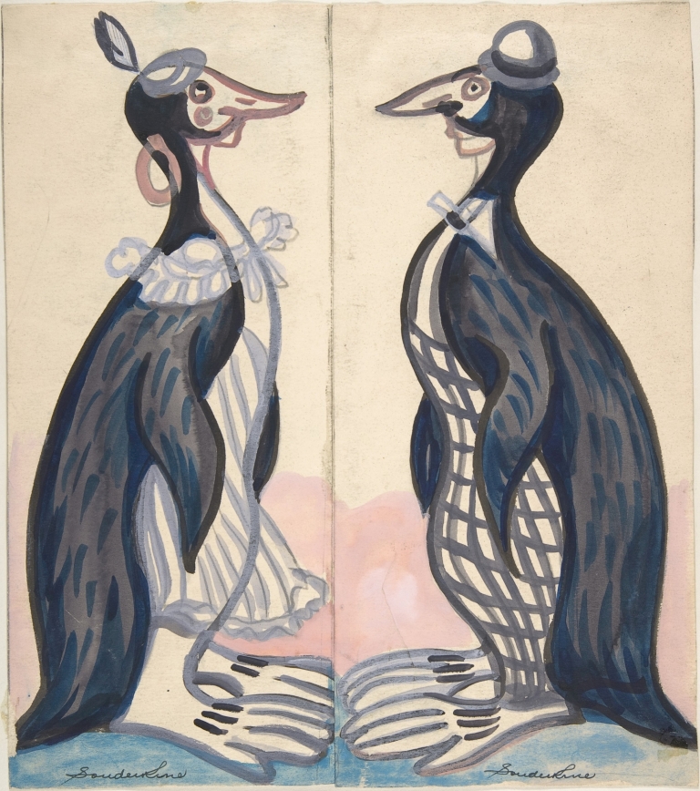 Two penguins , male and female by Sergey Yurievich Sudeikin