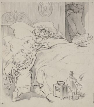 Two toddlers, ‘Life Insurance Scandal’ and ‘Rail Road Scandal,’ climb into bed with ‘Corporate Corruption’ by Joseph Ferdinand Keppler