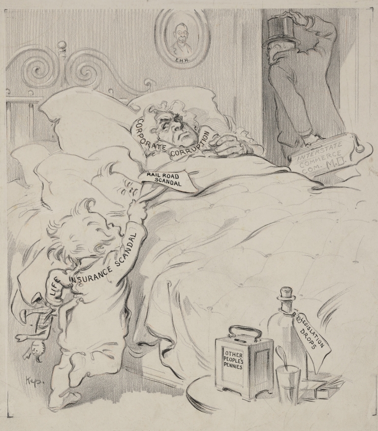 Two toddlers, ‘Life Insurance Scandal’ and ‘Rail Road Scandal,’ climb into bed with ‘Corporate Corruption’ by Joseph Ferdinand Keppler