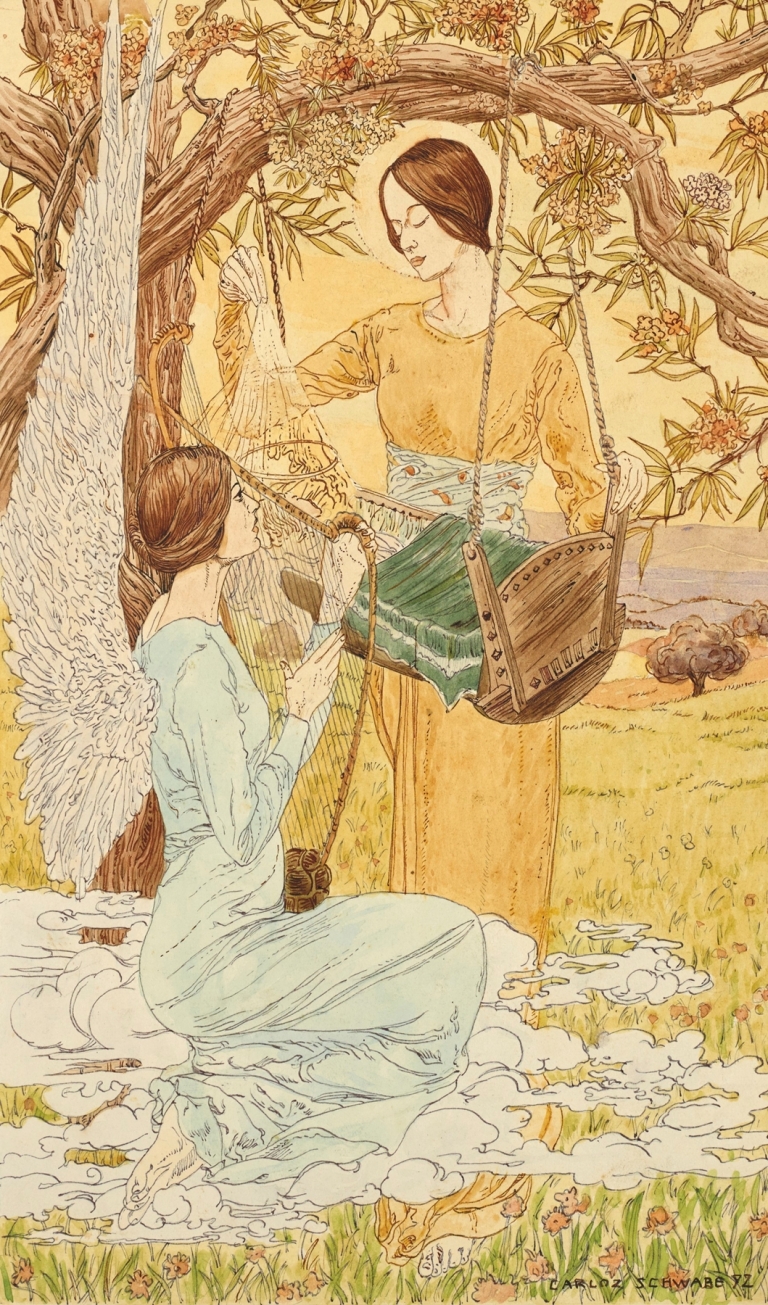 Two women with a cradle, one of them winged by Carlos Schwabe