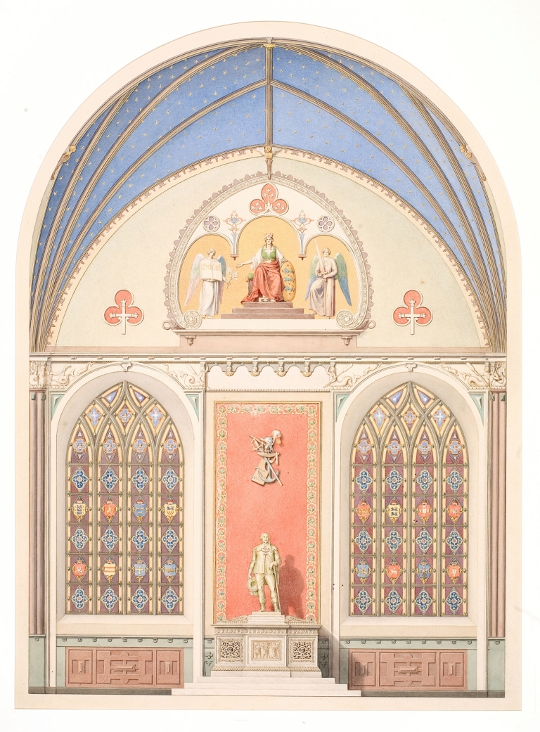 Udkast til hvælvingens dekoration i Christian IV’s kapel i Roskilde Domkirke. Udsmykning i midten med statue af Christian IV by Heinrich Eddelien