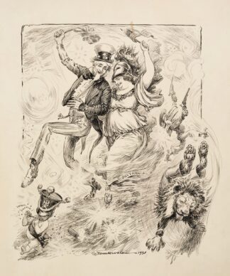 Uncle Sam and a woman representing Britain walk arm-in-arm in a procession, carrying each other’s flags. by William Henry Walker