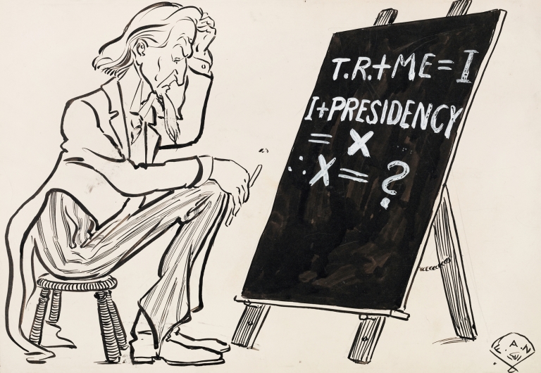 Uncle Sam contemplating problem on chalkboard by Frank Arthur Nankivell