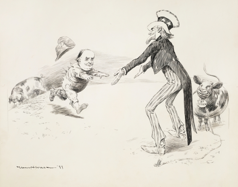 Uncle Sam holds out his arms to William Jennings Bryan to offer him a cow representing a second term. by William Henry Walker