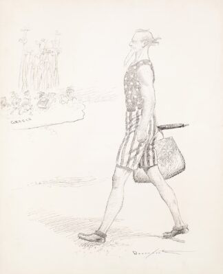 Uncle Sam in a bathing suit walks along a beach by Homer Davenport